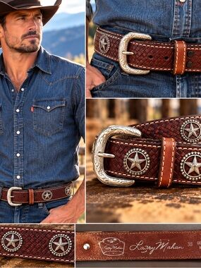Larry Mahan Men’s 38 Leather Western Belt Lone Star Conchos Tooled Cowboy